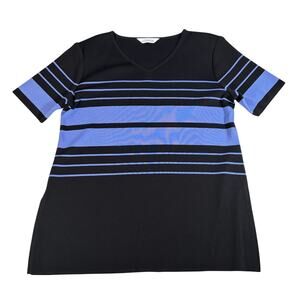 VTG Misook women short sleeve knit top. Black purple stripes. Sz L. quiet luxury